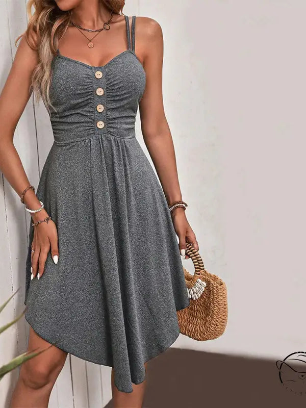 Gray sleeveless casual beach dress with ruched V-neck, buttons, and flared skirt