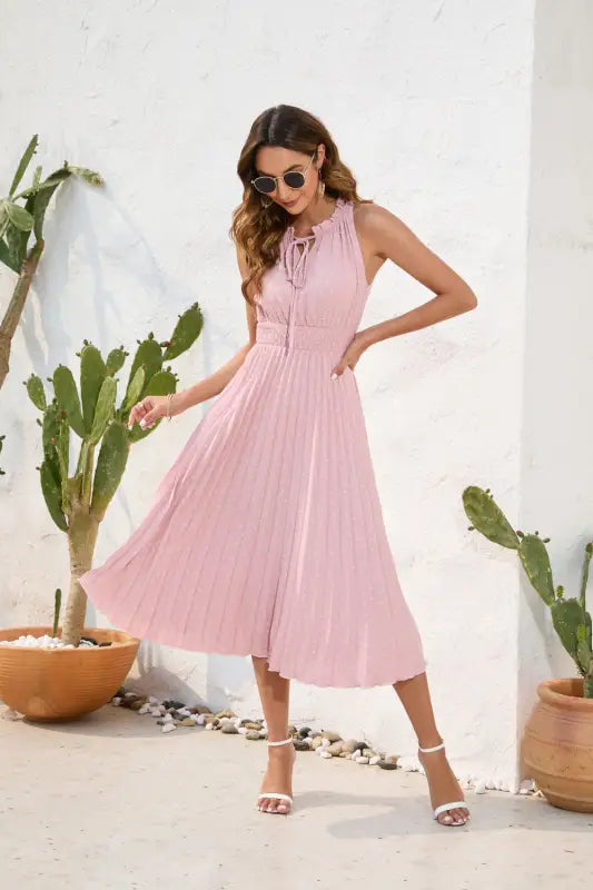 Pink elegant ruffle V-neck maxi dress with pleated halter details