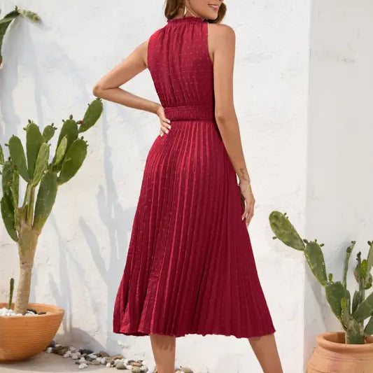 Burgundy pleated maxi dress ideal as a perfect vacation dress for summer styling