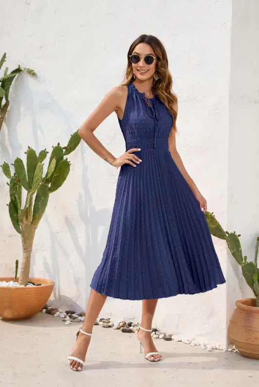 Navy blue pleated maxi dress ideal as a perfect vacation dress for summer outings