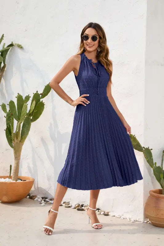 Navy blue pleated elegant ruffle V-neck maxi dress