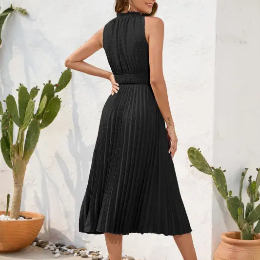 Black pleated maxi dress perfect vacation dress for summer elegant ruffle V-Neck style