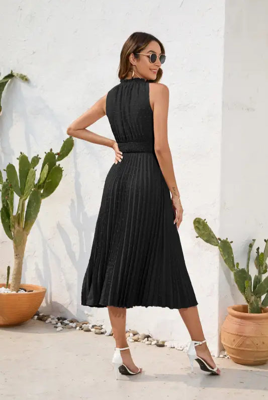 Black pleated maxi dress perfect vacation dress for summer elegant ruffle V-Neck style