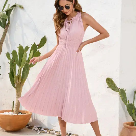Pink pleated halter maxi dress ideal as a perfect vacation dress for summer