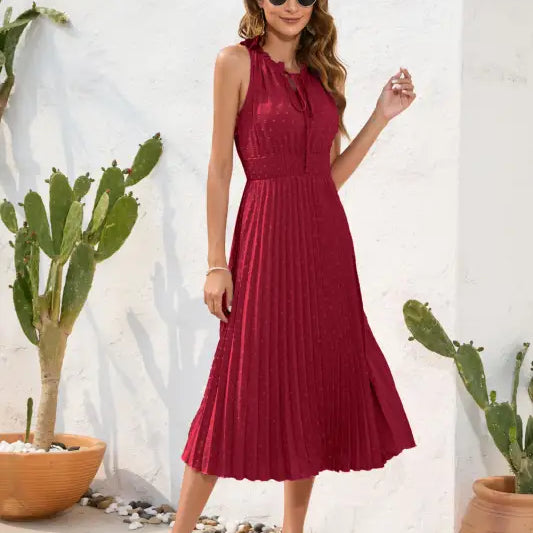 Burgundy pleated maxi dress, perfect vacation dress for summer outings