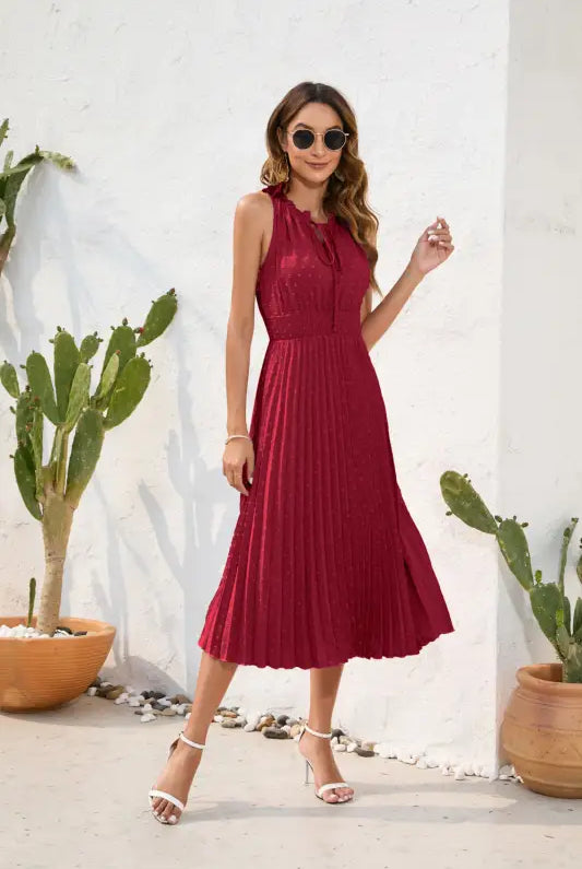 Burgundy pleated maxi dress, perfect vacation dress for summer outings