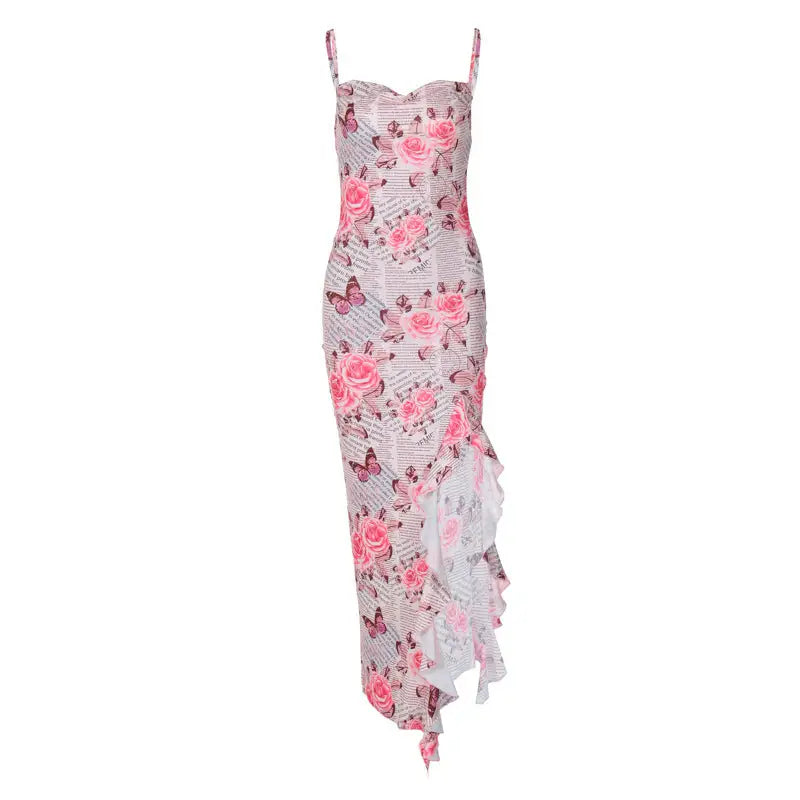 Elegant floral and butterfly print ruffled high slit strap dress for summer parties