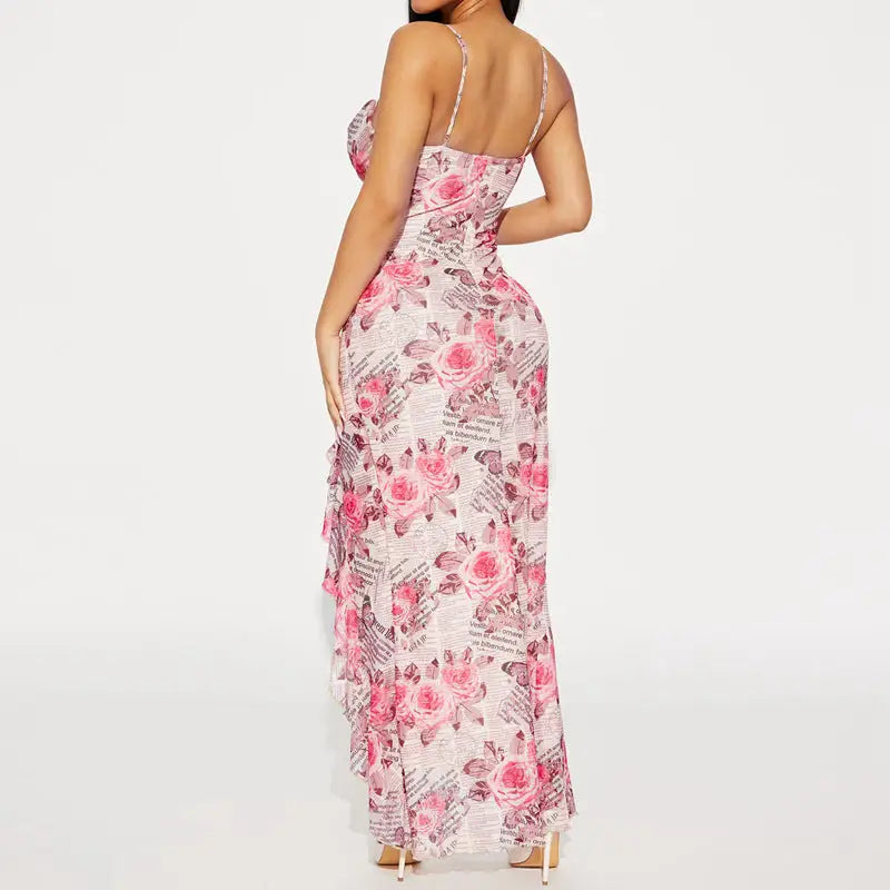 Elegant floral print maxi dress featuring ruffled high slit and high slit strap design