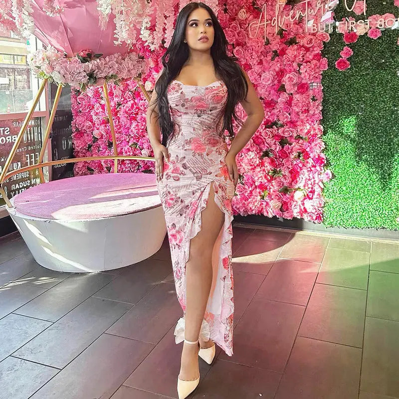 Elegant floral print ruffled high slit strap dress for summer parties and clubs