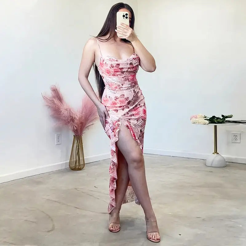 Floral print ruffled high slit strap dress for summer parties and clubs