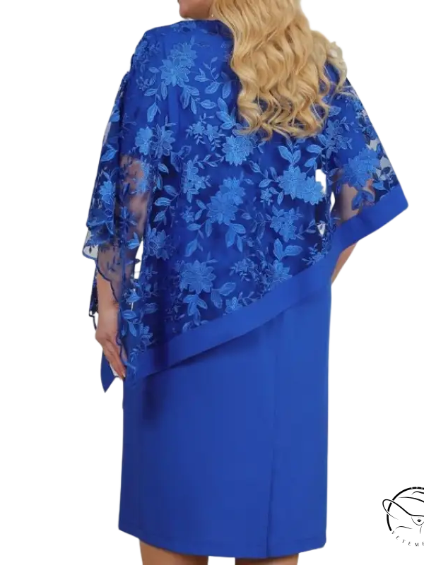 Royal blue ruffled slim midi dress with floral lace overlay