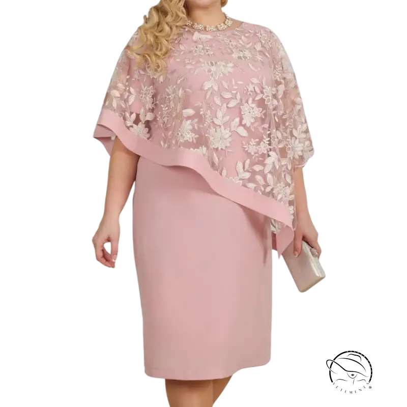 Elegant ruffled slim midi dress in blush pink with lace poncho overlay