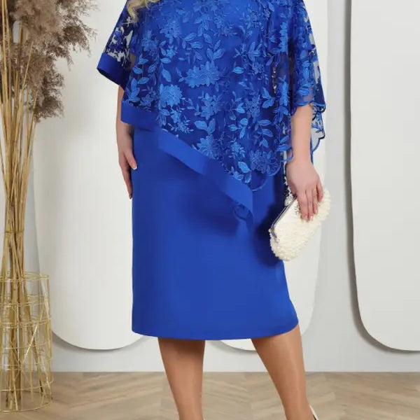 Elegant royal blue ruffled slim midi dress with floral lace overlay and short sleeve ruffled design