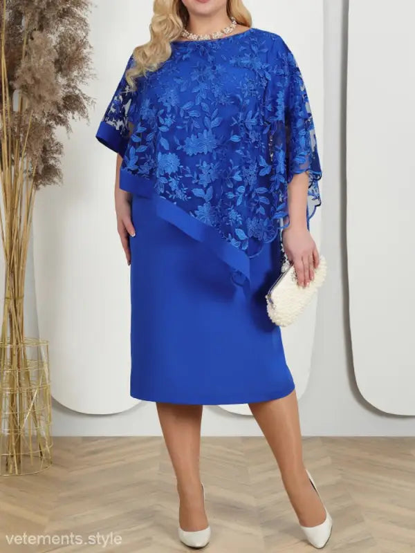 Elegant royal blue ruffled slim midi dress with floral lace overlay and short sleeve ruffled design