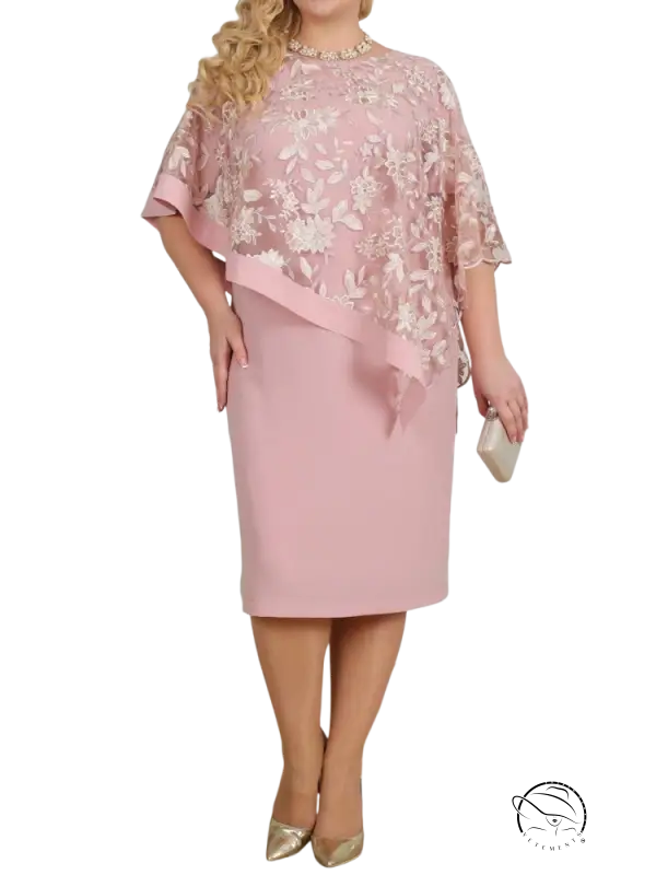 Elegant ruffled slim midi dress in dusty rose with lace cape overlay