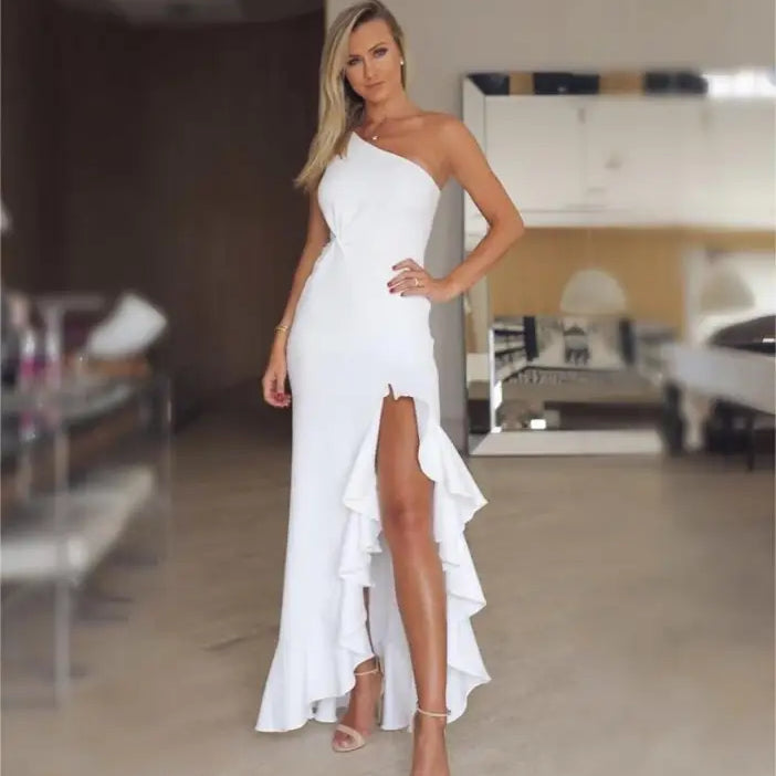 Elegant ruffled slit maxi dress with one-shoulder design and ruffled slit detail