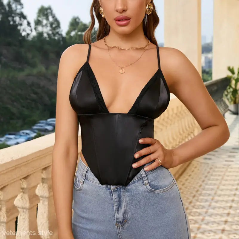 Elegant satin lace corset top featuring a sleek black satin lace design for upscale fashion