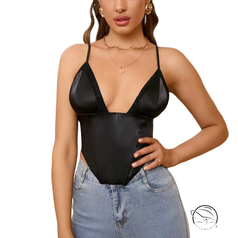 Elegant black satin lace corset top bodysuit