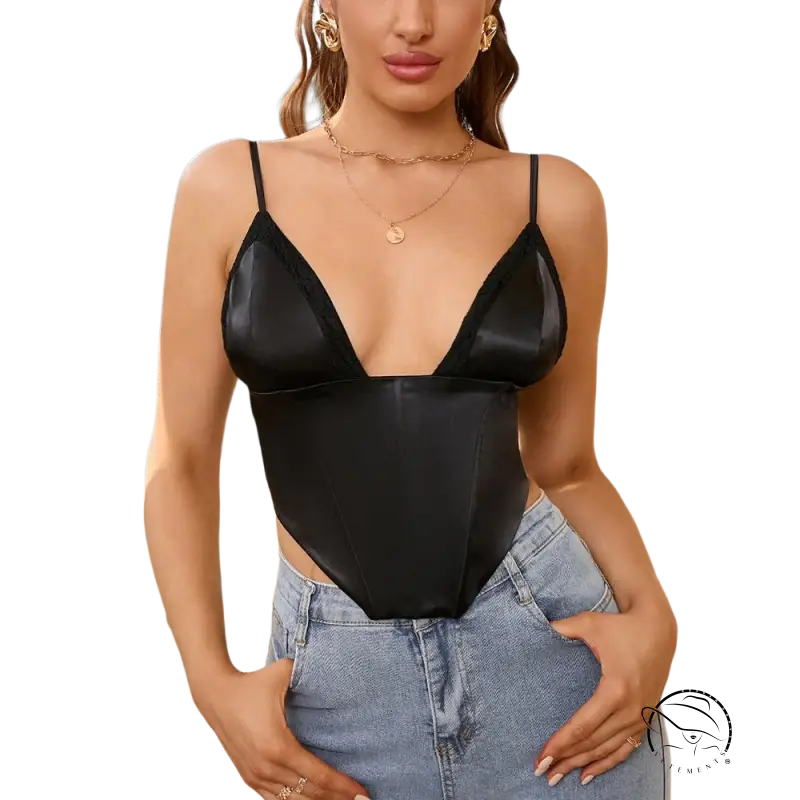 Elegant satin lace corset top in black satin camisole