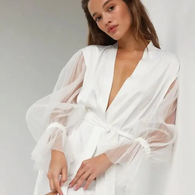 White satin lace long sleeve maxi dress with sheer sleeves and tie waist, perfect as a sexy loose nightgown or comfortable homewear