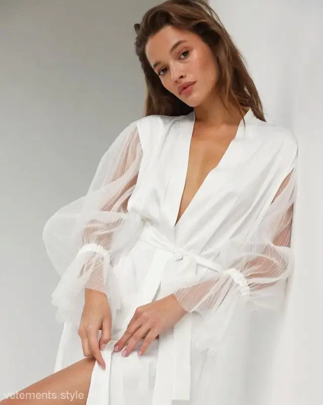 White satin lace long sleeve maxi dress with sheer sleeves and tie waist, perfect as a sexy loose nightgown or comfortable homewear