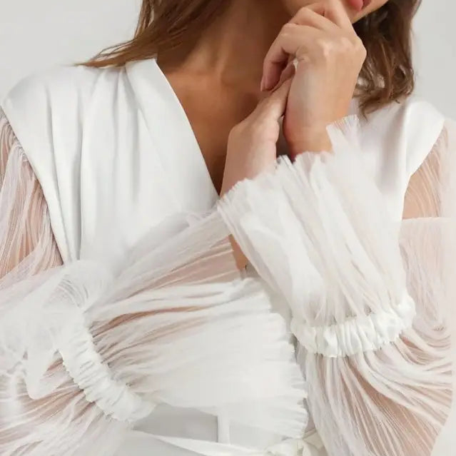 White elegant satin lace long sleeve maxi dress with sheer ruffled sleeves, perfect for comfortable homewear