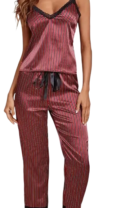 Elegant satin silk pajamas set in maroon and black stripes with lace trim