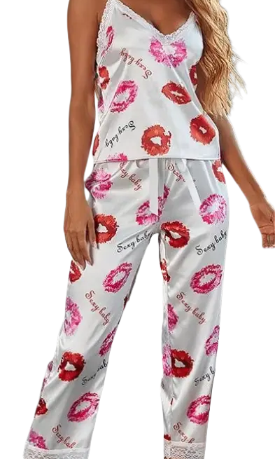 Elegant satin silk pajamas set with pink lipstick print and lace trim