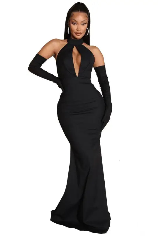 Elegant black samr halter dress with gloves featuring sexy backless cutout design