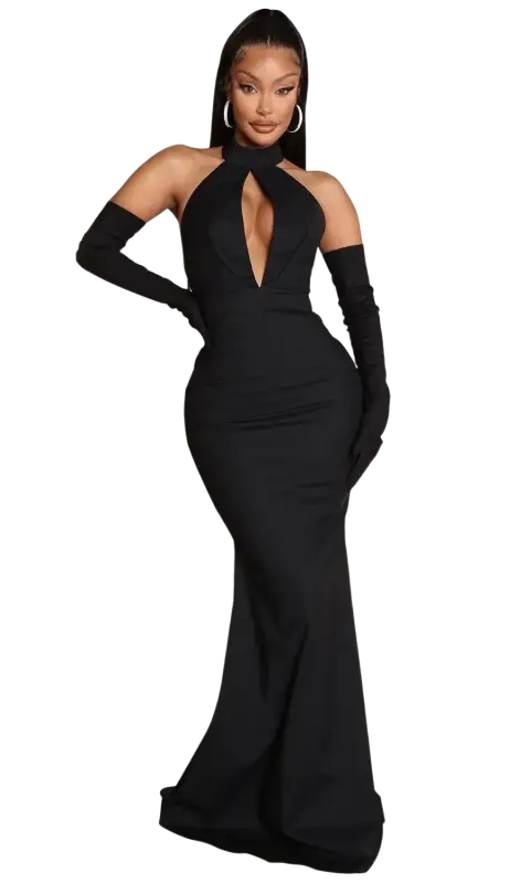 Elegant black samr halter dress with gloves featuring sexy backless cutout design