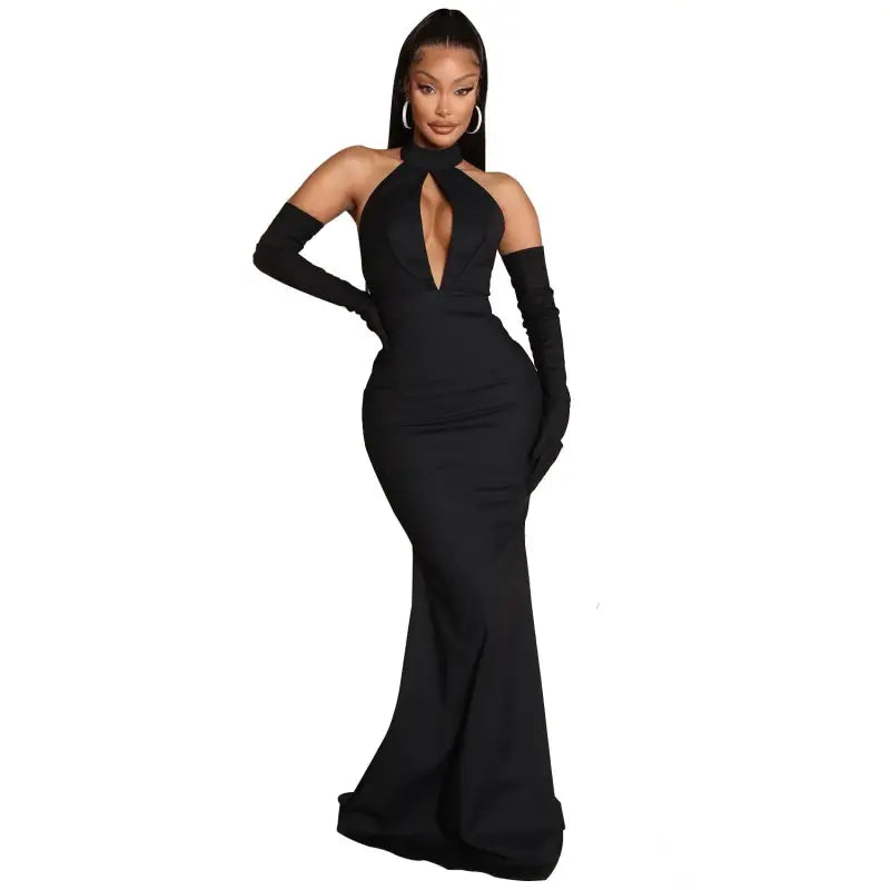 Elegant black samr halter dress with gloves featuring sexy backless cutout design