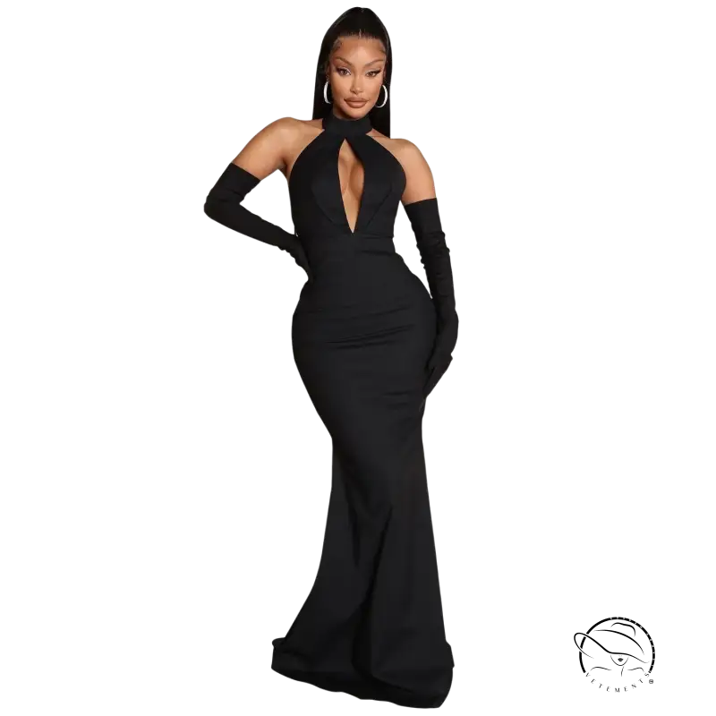 Elegant backless cutout halter dress in black with gloves