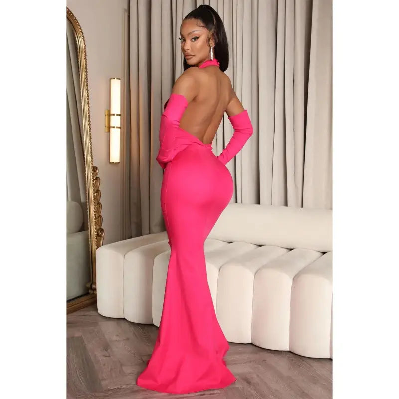 Elegant backless cutout halter dress in hot pink with a sexy backless cutout design