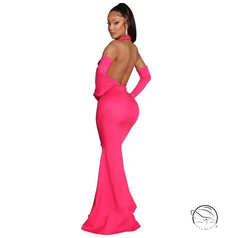 Sexy backless cutout halter dress in hot pink polyester maxi