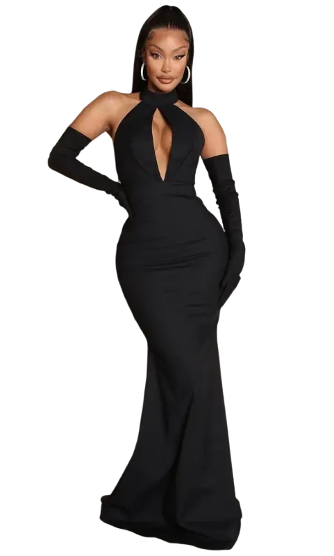 Elegant black backless cutout halter dress with gloves