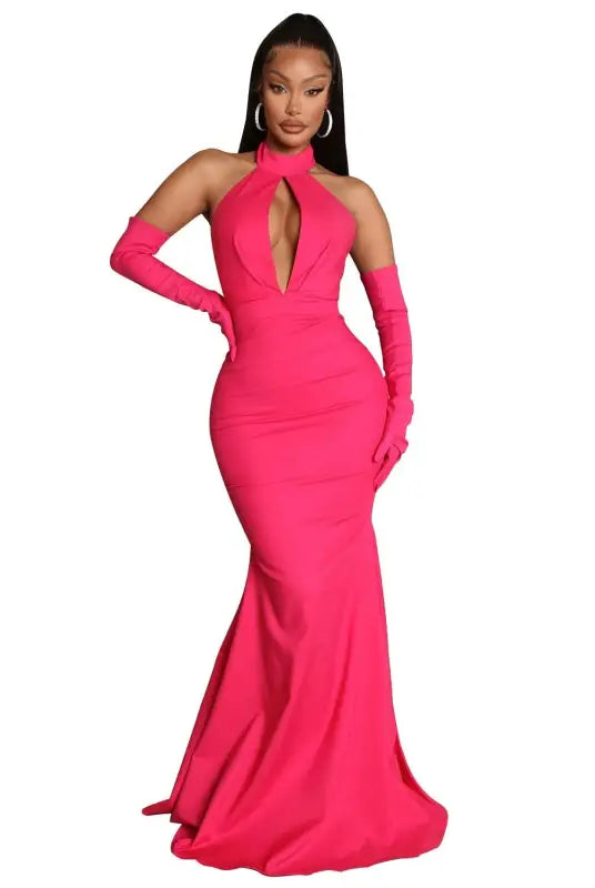 Elegant hot pink samr halter dress with matching gloves featuring sexy backless cutout design
