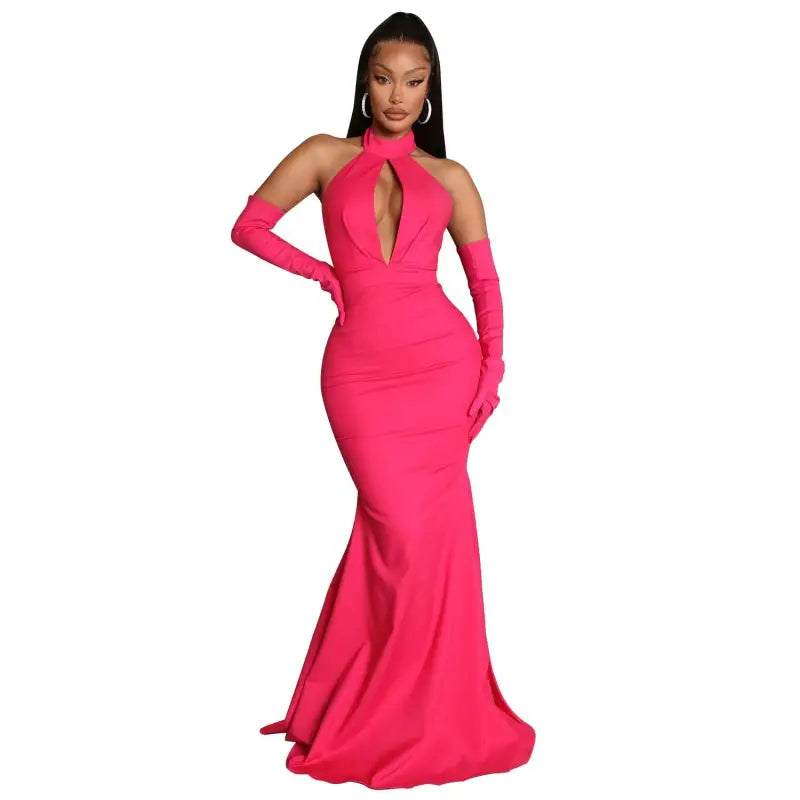 Elegant hot pink samr halter dress with matching gloves featuring sexy backless cutout design