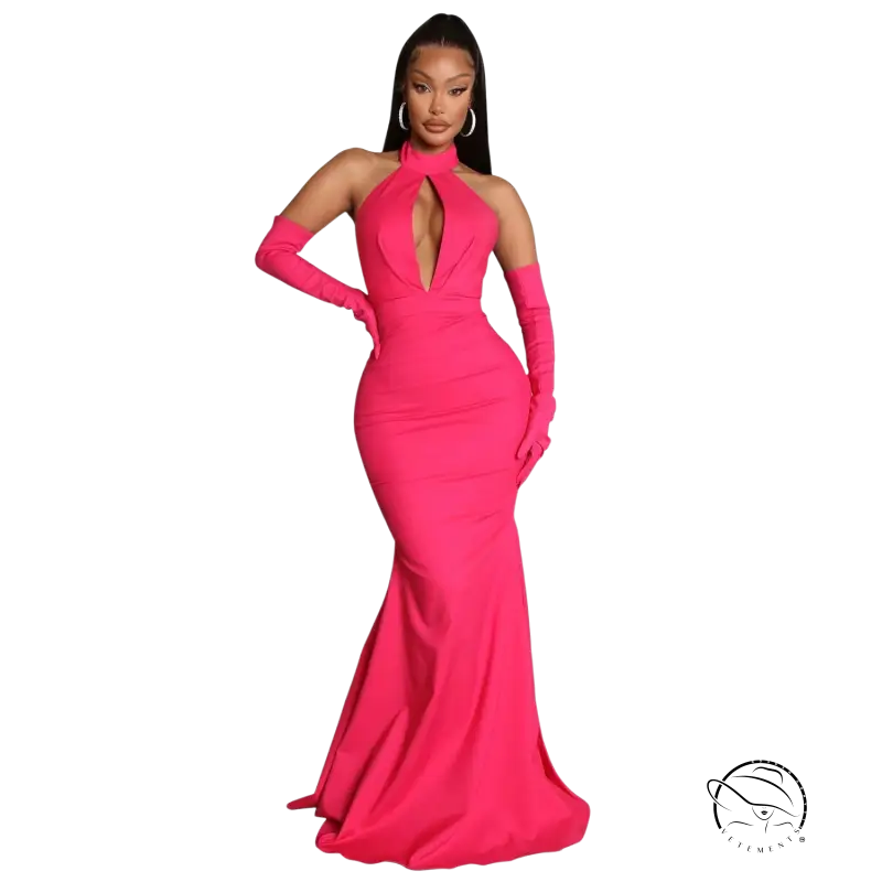 Sexy backless cutout halter dress in hot pink with matching gloves