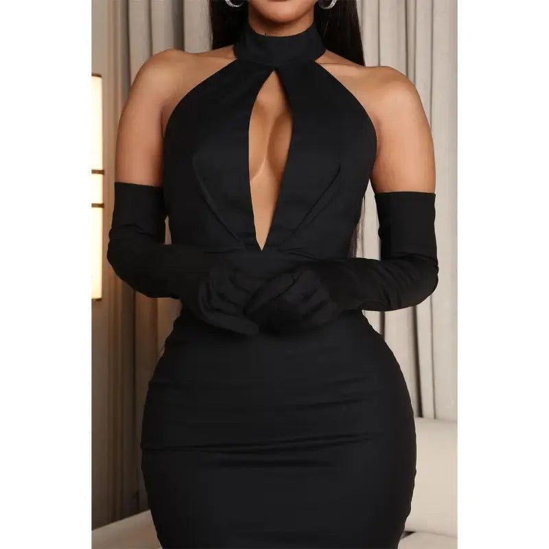 Elegant black samr halter dress with gloves showcasing a sexy backless cutout design