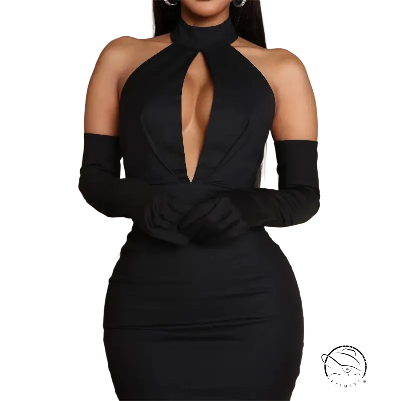 Sexy backless cutout halter dress in elegant black with gloves