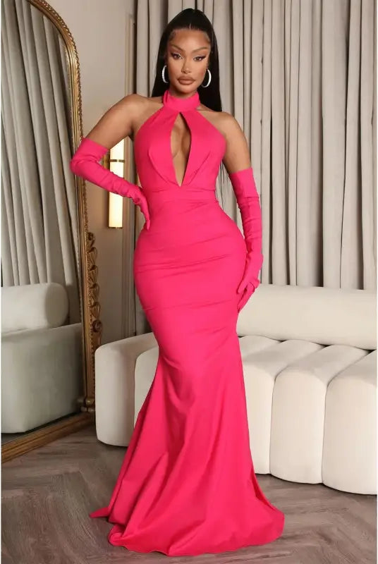 Elegant hot pink samr halter dress with sexy backless cutout and slim polyester maxi design