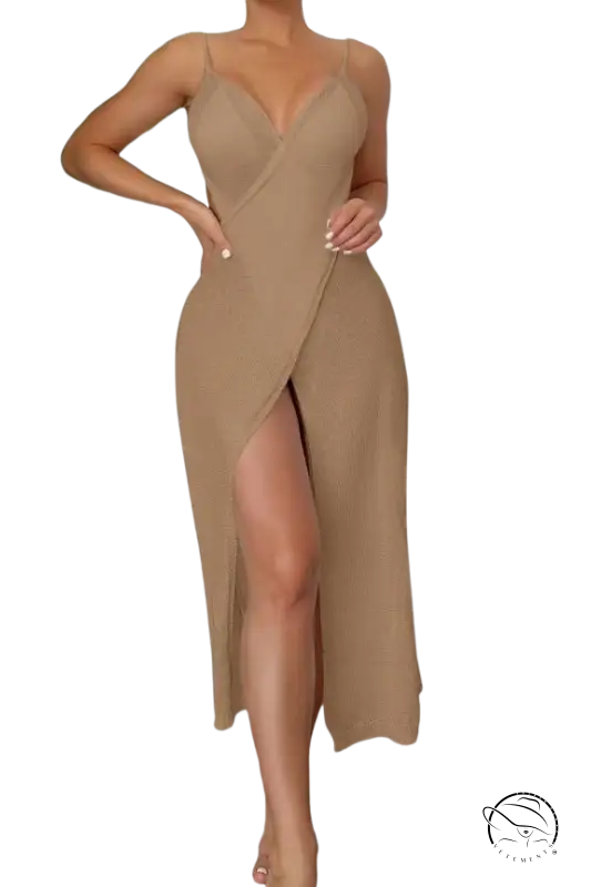 Sexy beach maxi dress with beige wrap style, spaghetti straps, high slit