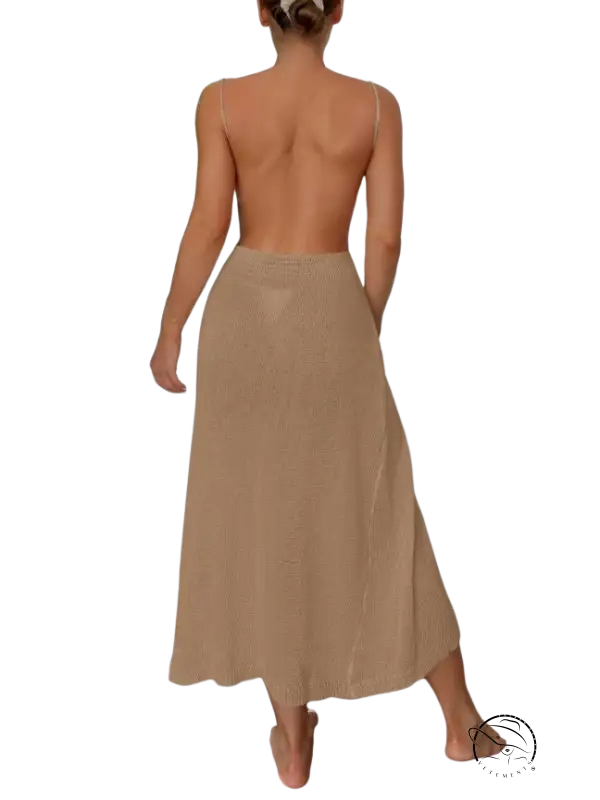 Sexy beach maxi dress with beige ribbed knit, spaghetti straps, backless design