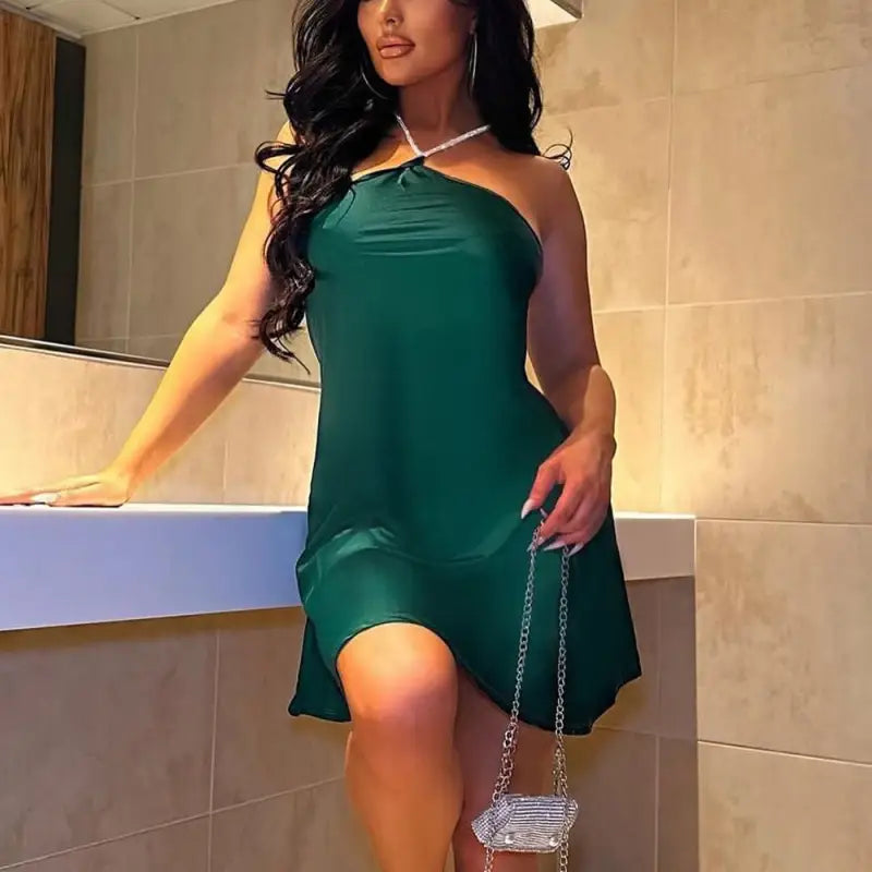 Emerald green halter dress with sexy chain neck for parties and clubs