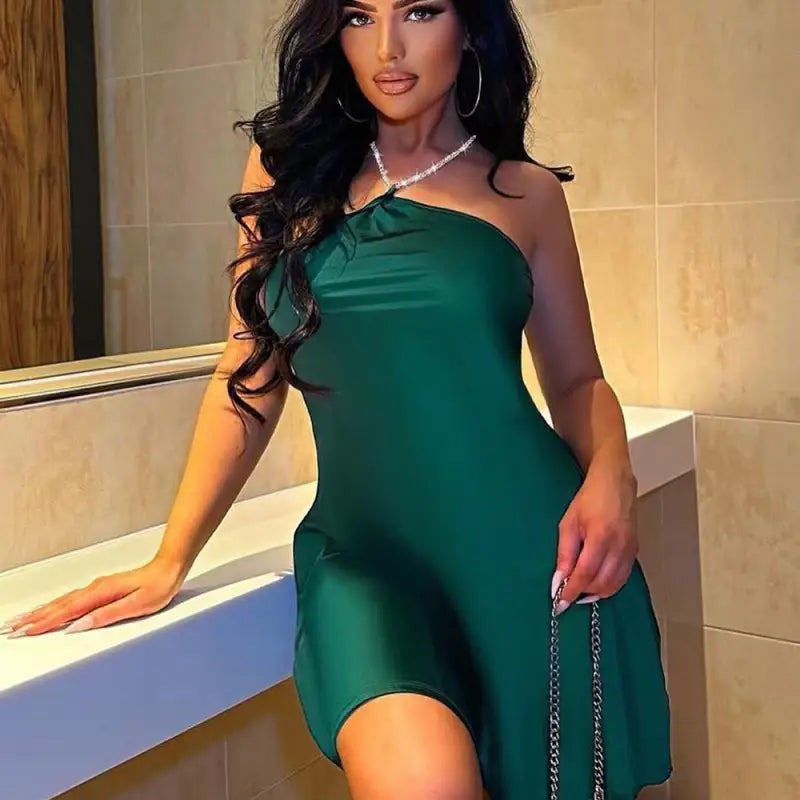 Emerald green sexy chain neck short dress for parties and clubs