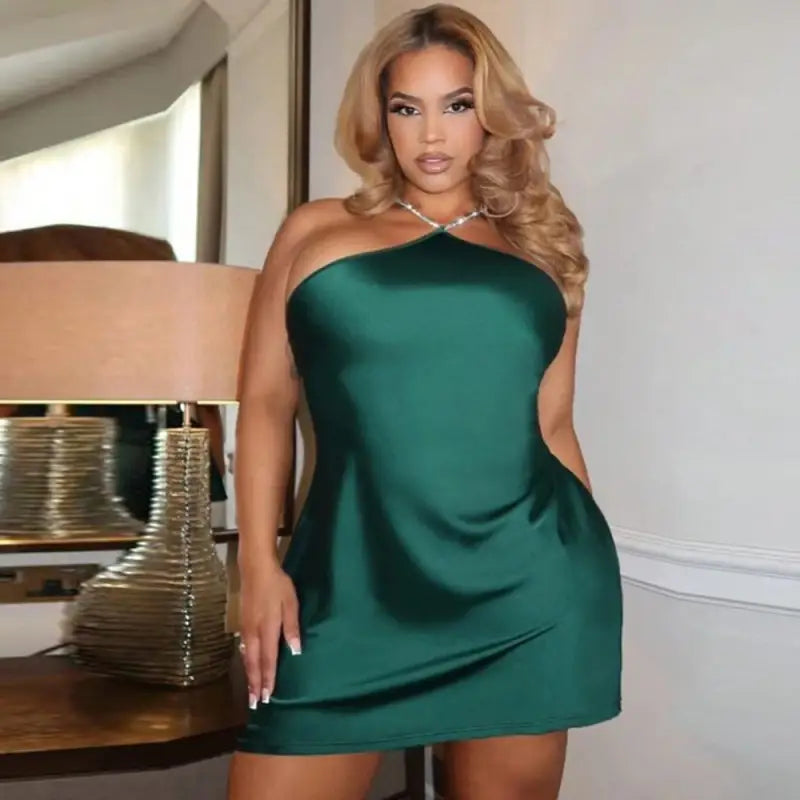 Elegant emerald green satin mini dress with sexy chain neck for parties and clubs