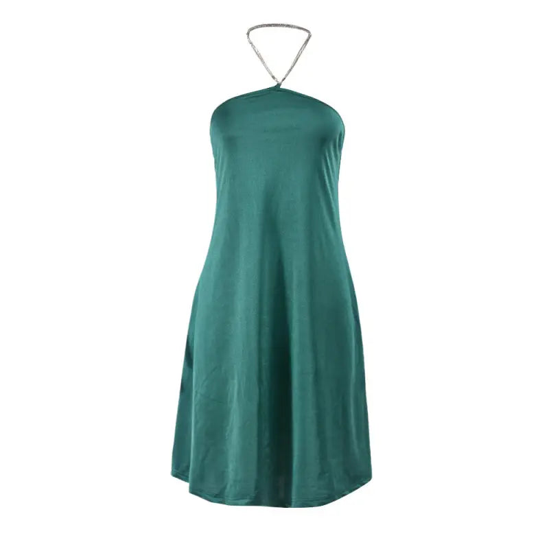 Green halter neck dress featuring a sexy chain neck design, perfect as a chain neck short dress for parties and clubs