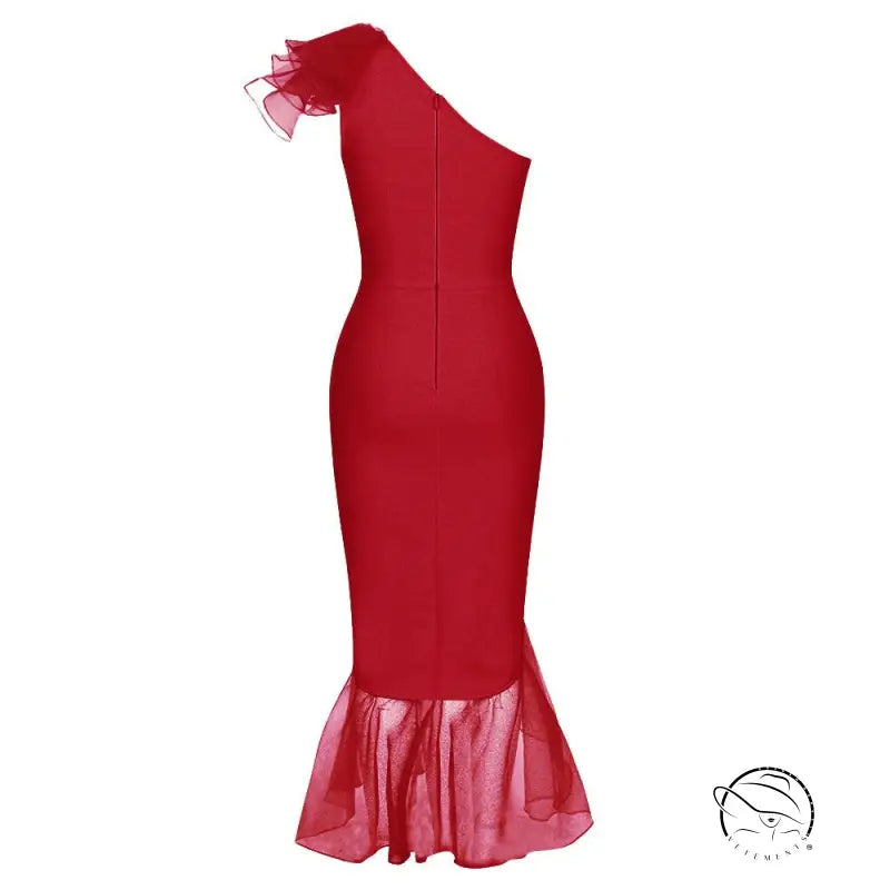 Striking red sexy fishtail long bandage dress with one-shoulder sleeve