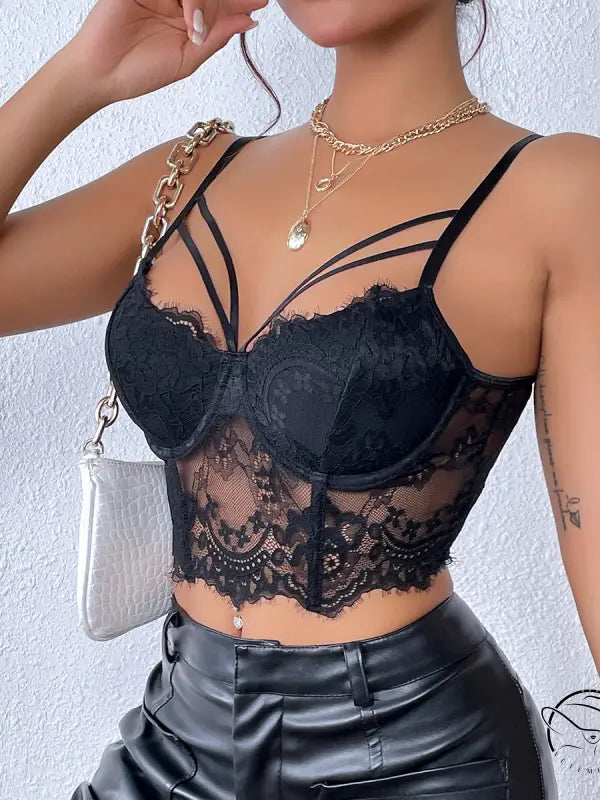 Black lace camisole corset with multiple straps and underwire for summer wear