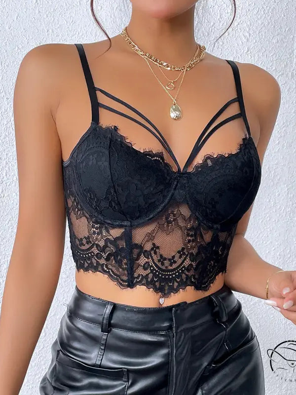 Black lace camisole corset with decorative straps, perfect for summer wear and sexy lace camisole fashion